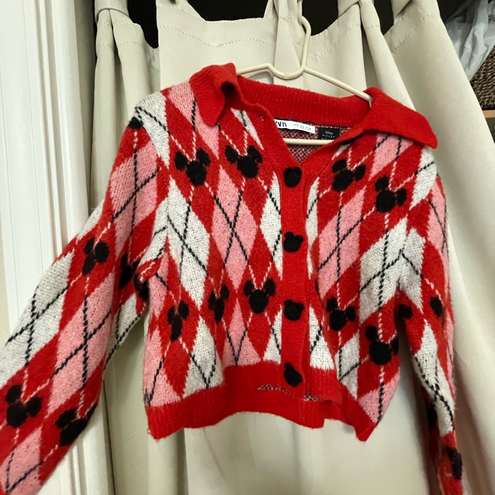 Zara Red and Pink Argyle Cardigan - Disney Mickey Mouse